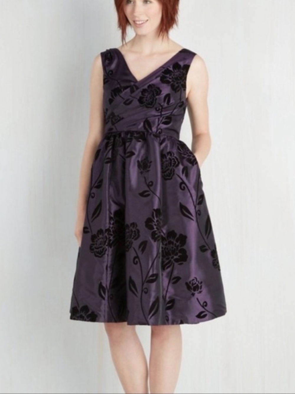 Modcloth Purple Floral Fit & Flare Dress Velvet L Large